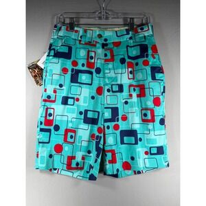 Loudmouth Golf Shorts Mens Teal Red Geometric Retro Mid Century Modern NWT Sz 28